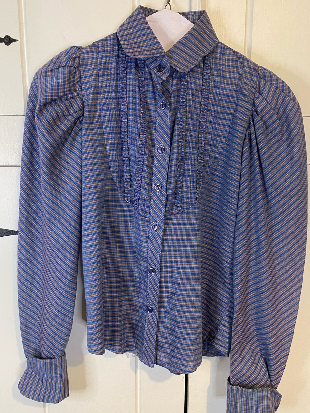 Vintage 1980s prairie-style plaid blouse with Victorian revival design elements.